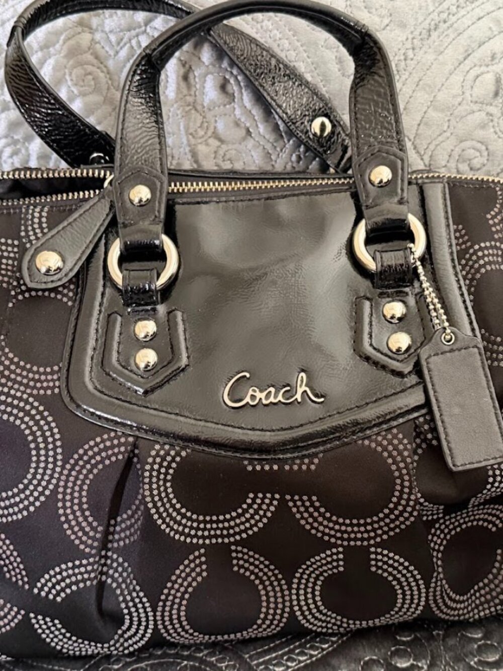 Coach Ashley Dotted OP Art Satchel in black and silver with Patent Leather Trim